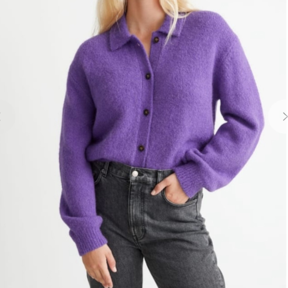 & Other Stories Collared Alpaca Wool Blend Purple Cardigan - Small